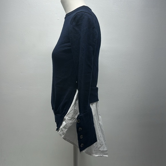 Pearl by Lela Rose Sweater Long Sleeve Wool Knit Layered Poplin Navy Blue XS - Picture 4 of 7